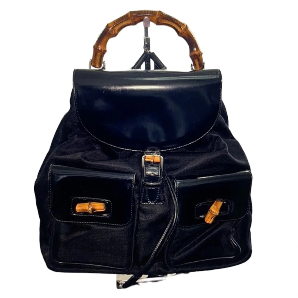 GUCCI Vintage Bamboo Patent Leather/Canvas Backpack Black with Dust Bag